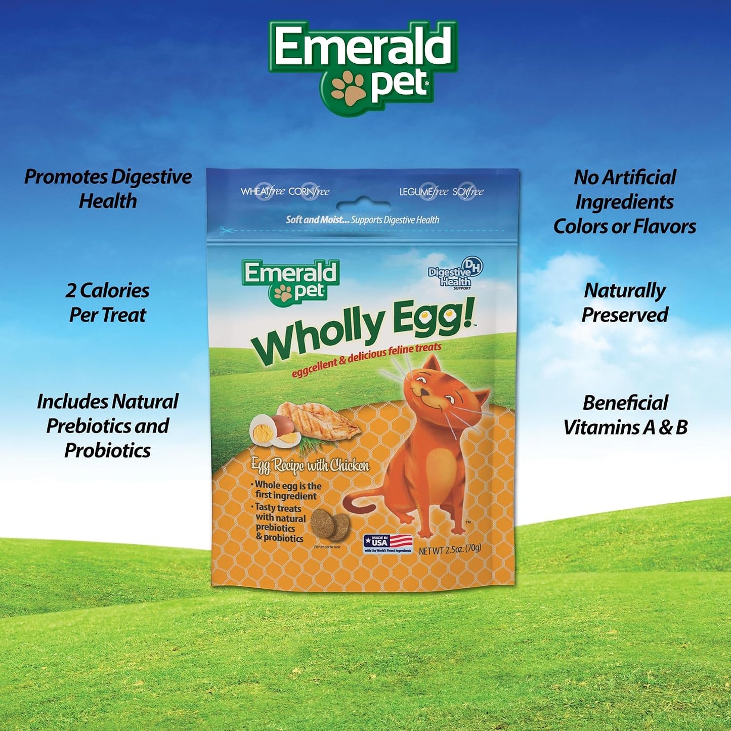 Emerald Pet Wholly Egg gut health cat treats showing ingredient list and nutritional facts
