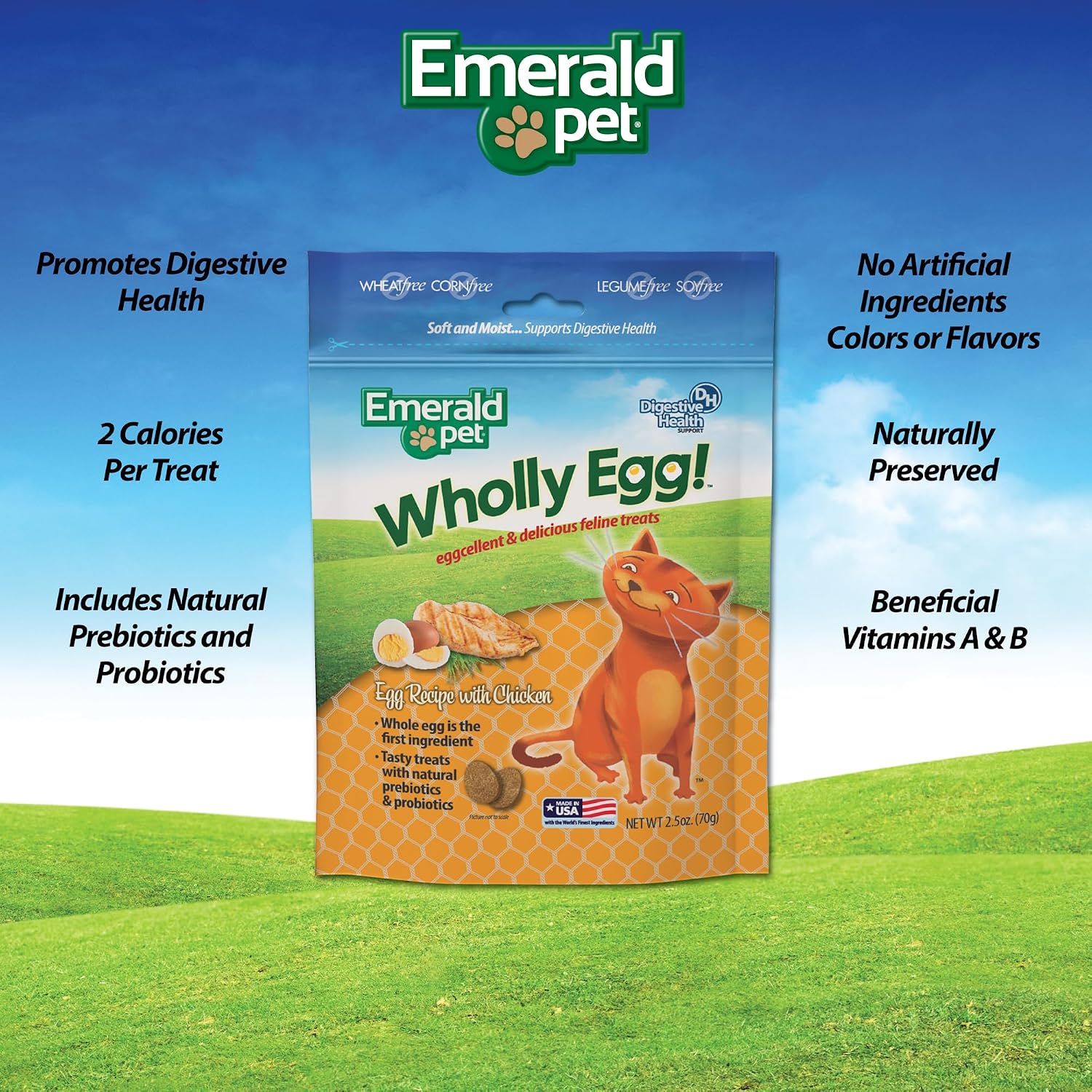 Emerald Pet Wholly Egg gut health cat treats showing ingredient list and nutritional facts