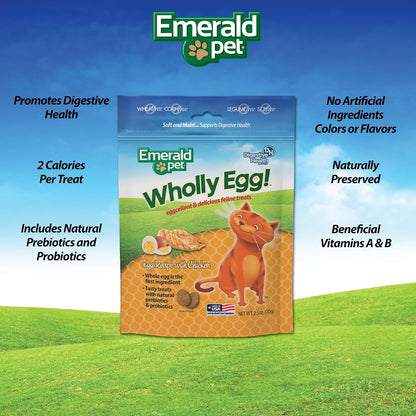 Emerald Pet Wholly Egg gut health cat treats showing ingredient list and nutritional facts