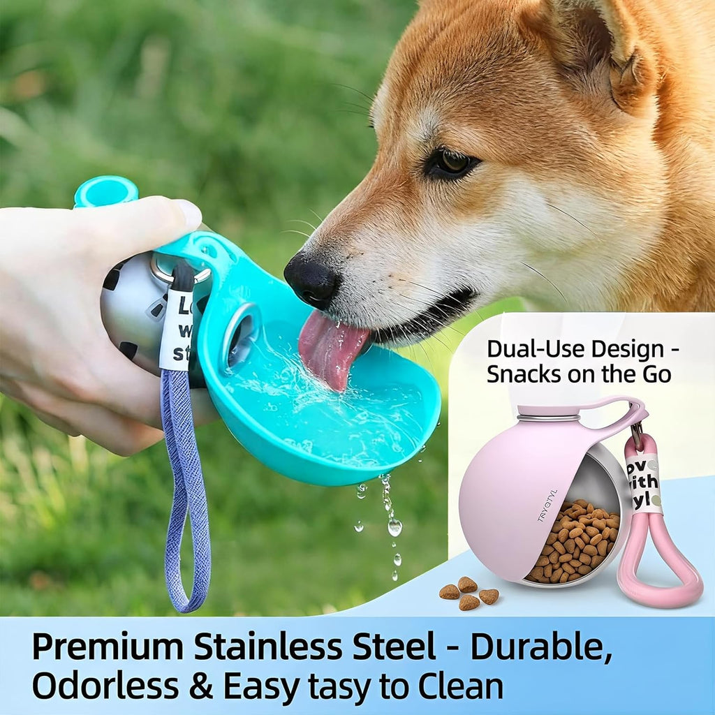 Two in one dog travel bottle holding water and dry pet food