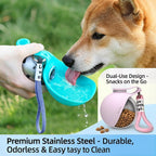 Two in one dog travel bottle holding water and dry pet food