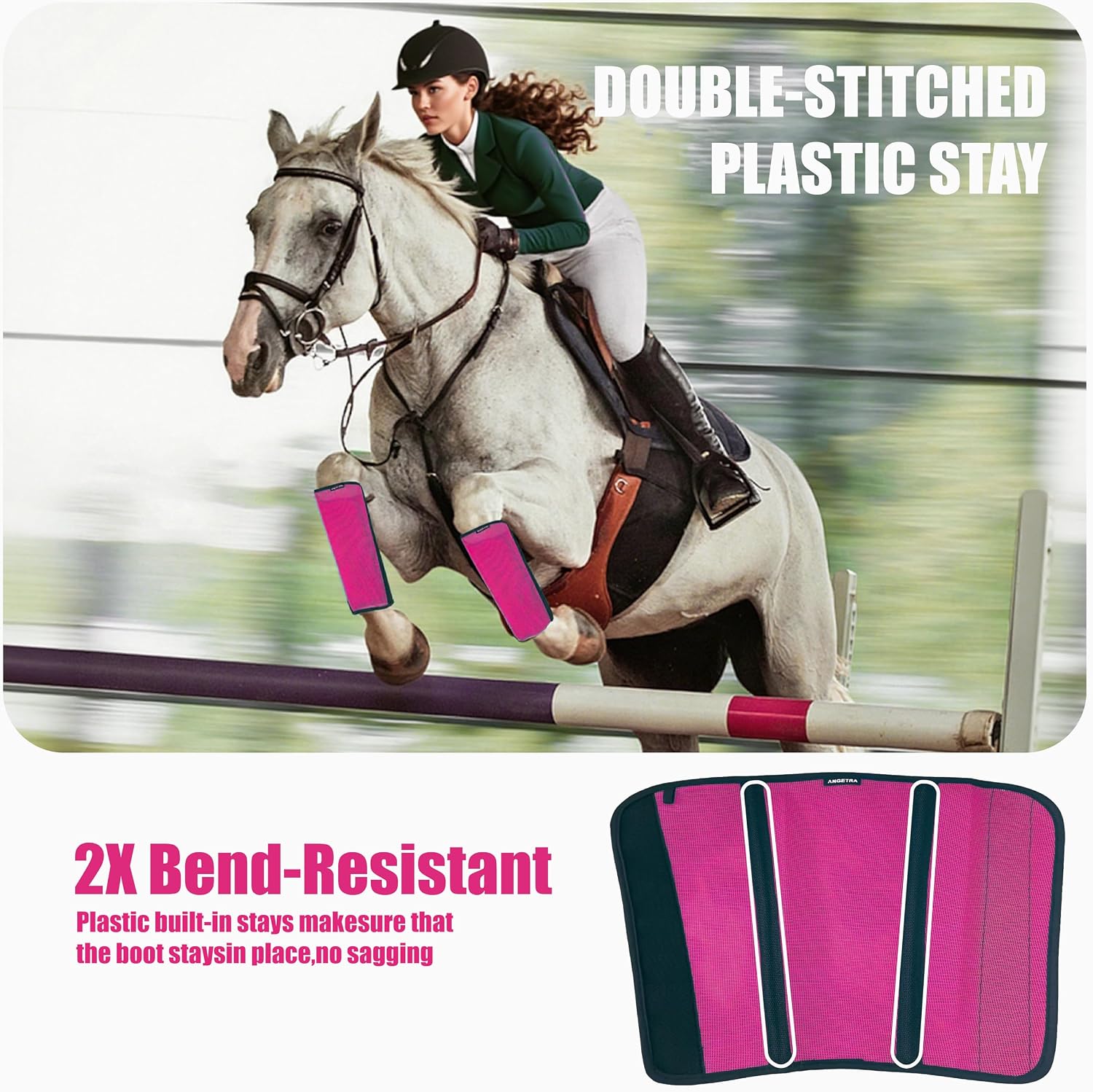 Side profile of a horse wearing pink breathable non slip fly boots in a pasture.