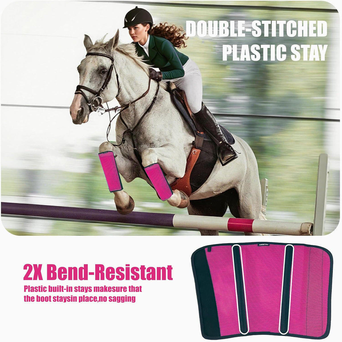 Side profile of a horse wearing pink breathable non slip fly boots in a pasture.