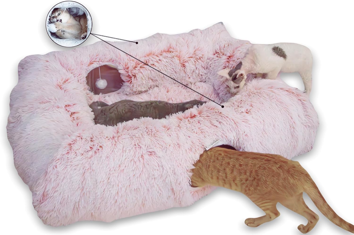 XxingSheep 4 Cave Shuttled XL Cat Tunnel Bed for Indoor Cats Peekaboo Toy Donut with Warm Mat - Image 10