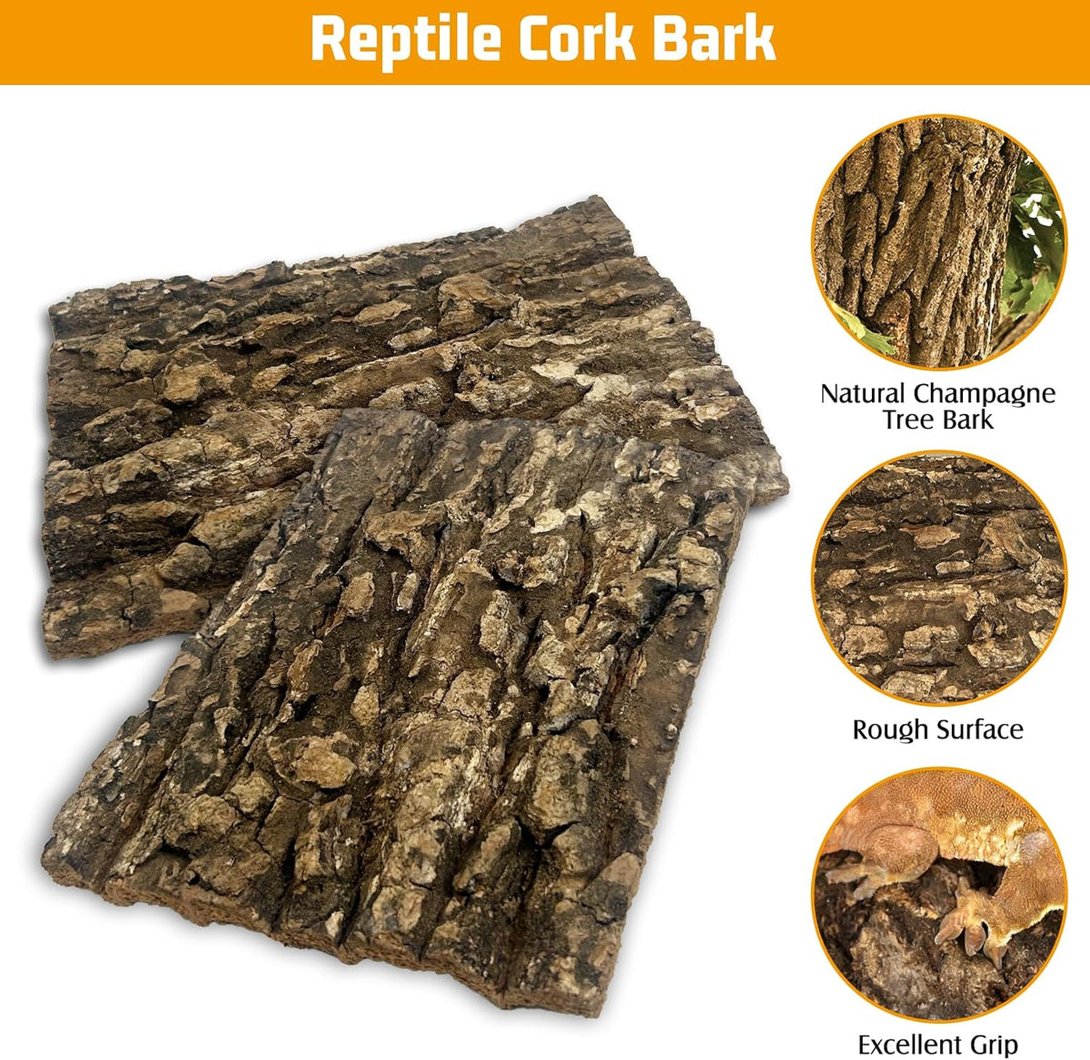 Close up view showing the unique rough grain and natural texture of the imported 6 piece cork bark bedding.
