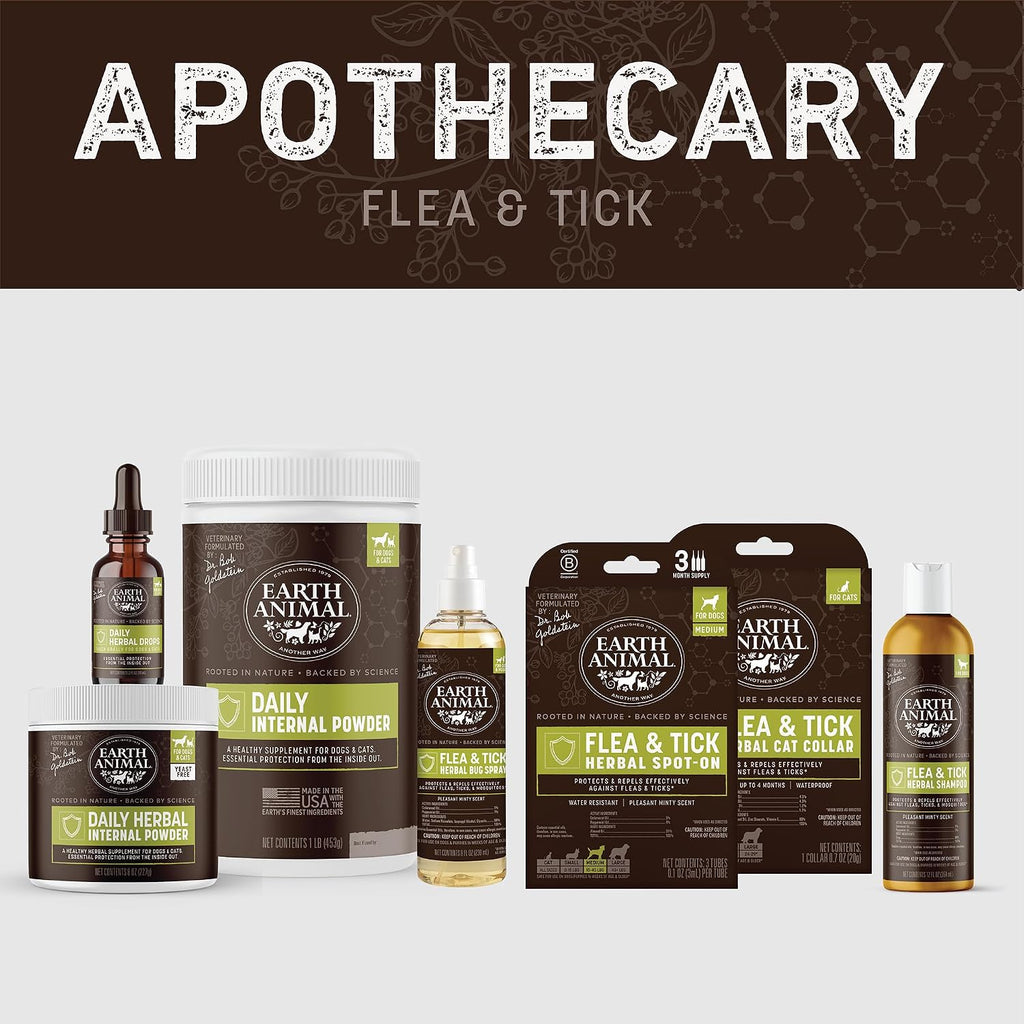 Earth Animal Apothecary pest defense powder packaging side view detailing usage instructions