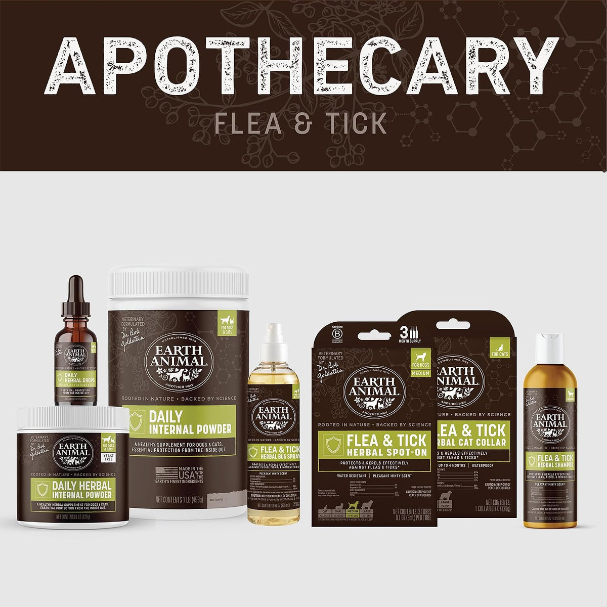 Earth Animal Apothecary pest defense powder packaging side view detailing usage instructions