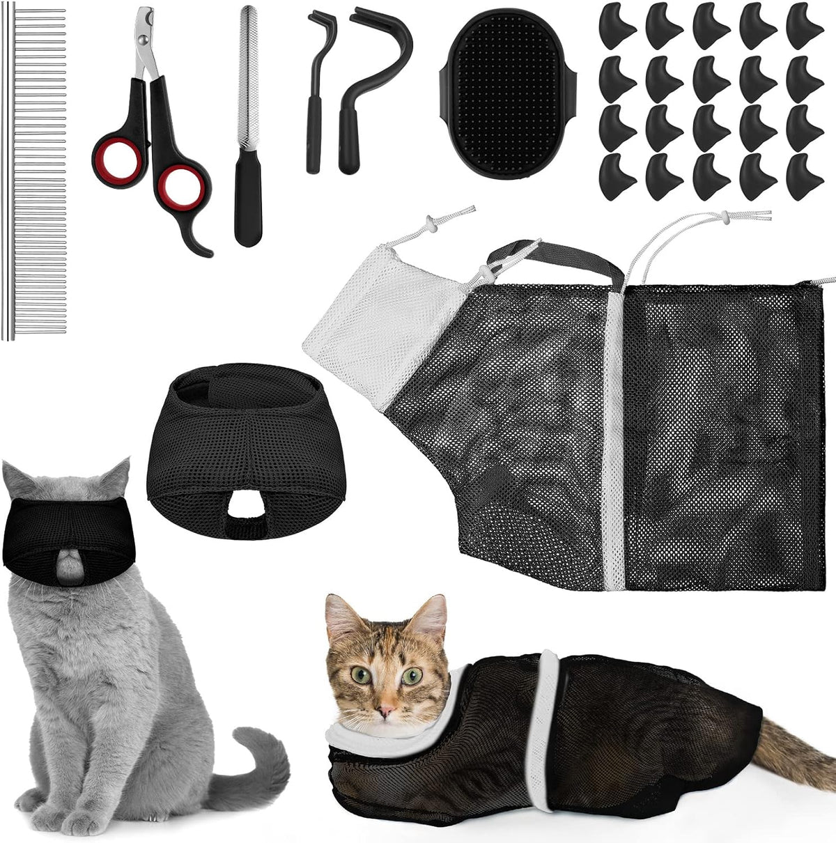 9 Pcs Cat Bathing Bag Set Cat Shower Bag Anti Bite and Scratch for Pet Grooming Washing Brush Comb Muzzle Nail Clipper Nail File Tick Tool(Blue, Gray) - Image 12