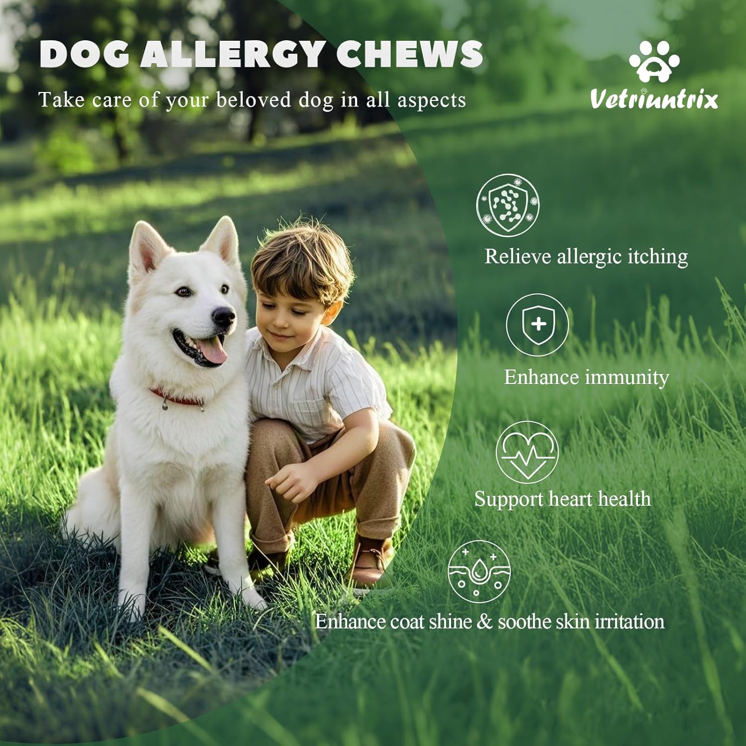 Vetriuntrix anti itch soft chews container highlighting the 200 count capacity and key ingredients.