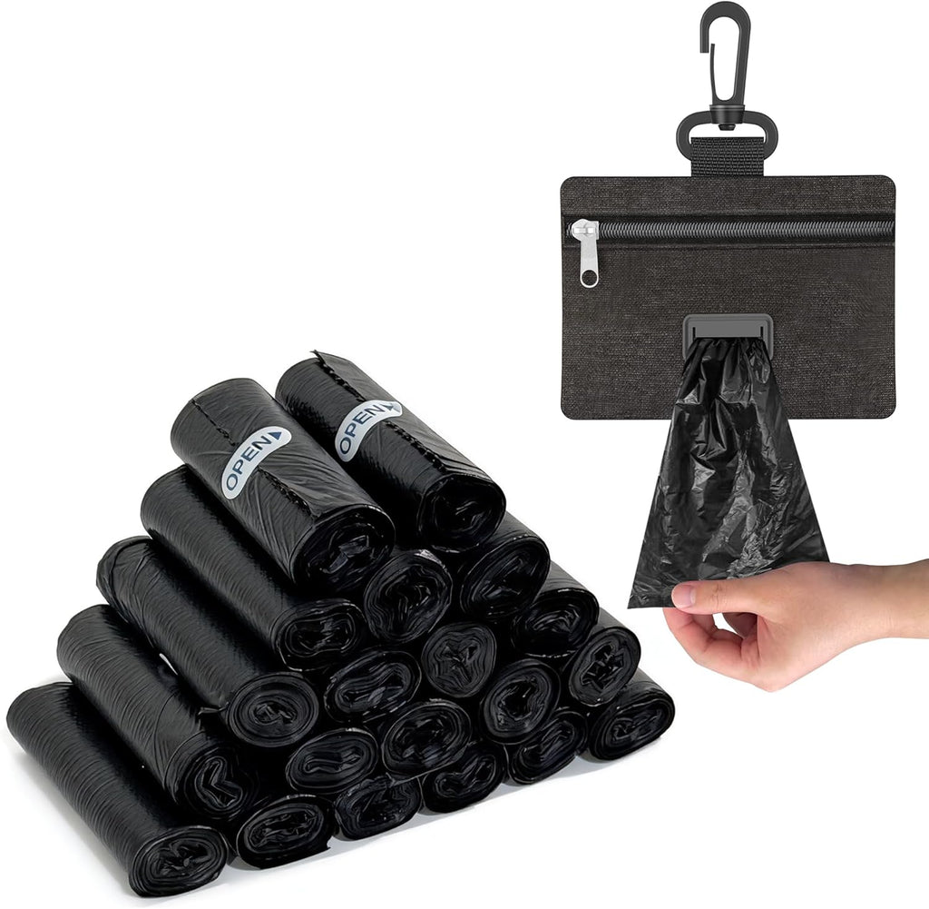Charmount dog poop bags rolls front view with premium black bags and fabric dispenser