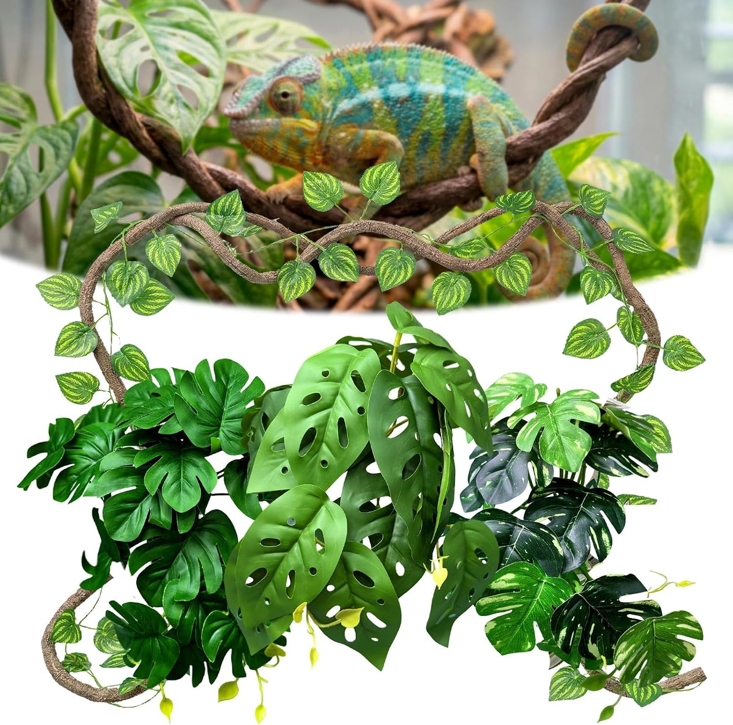 5 Pcs Reptile Plants & Habitat Decor Kit - 3 Artificial Phalaenopsis Orchid & Large 5ft Jungle Vine Branch, Terrarium Tank Decor & Climbing Accessories for Crested Gecko, Bearded Dragon - Image 12
