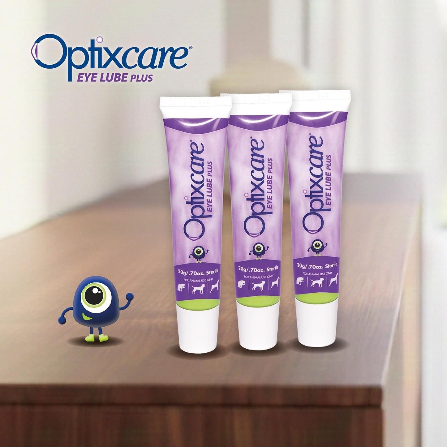 Side view of OptixCare eye lube plus showing authentic imported pet care packaging