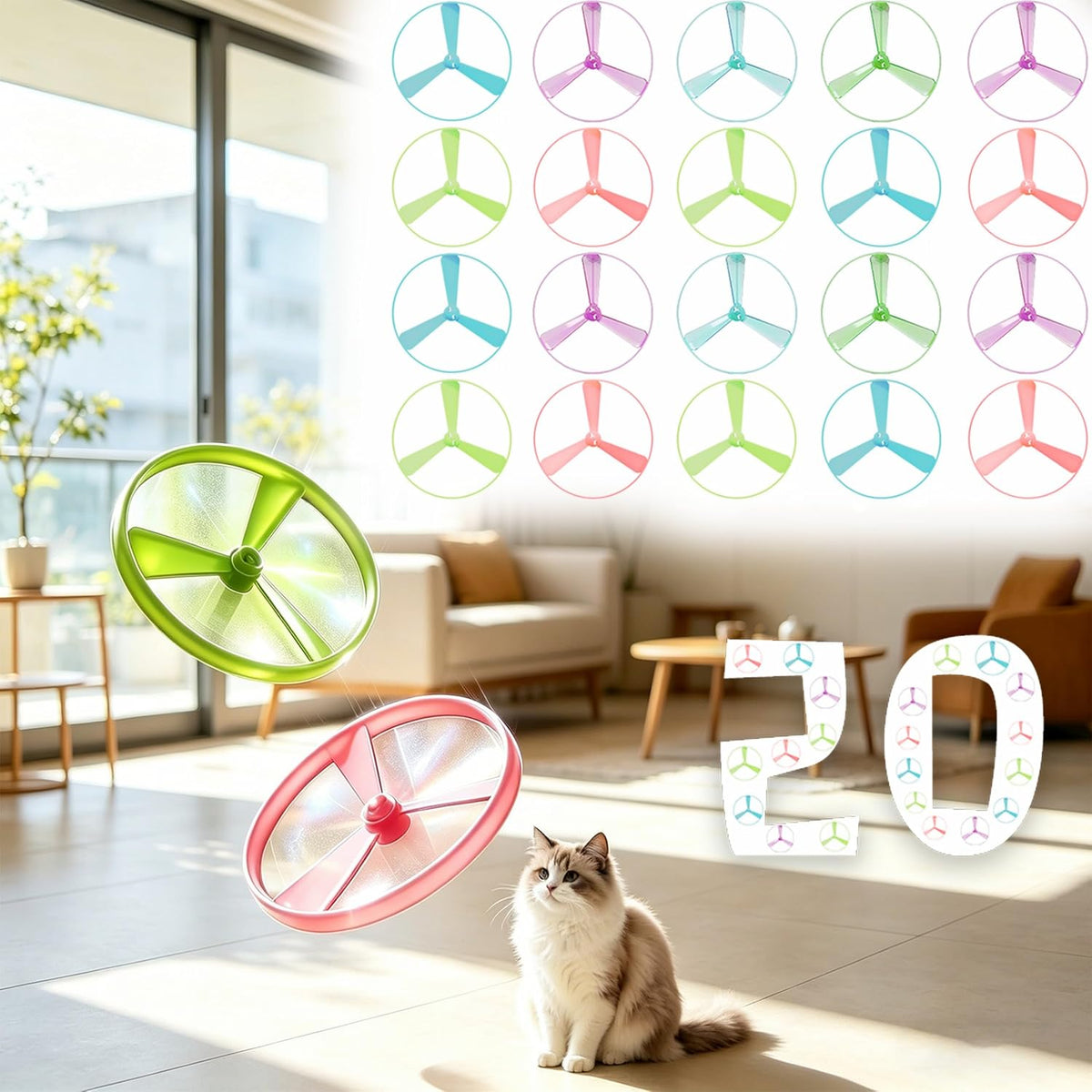 Authentic interactive cat enrichment product box contents with ten colorful flexible discs