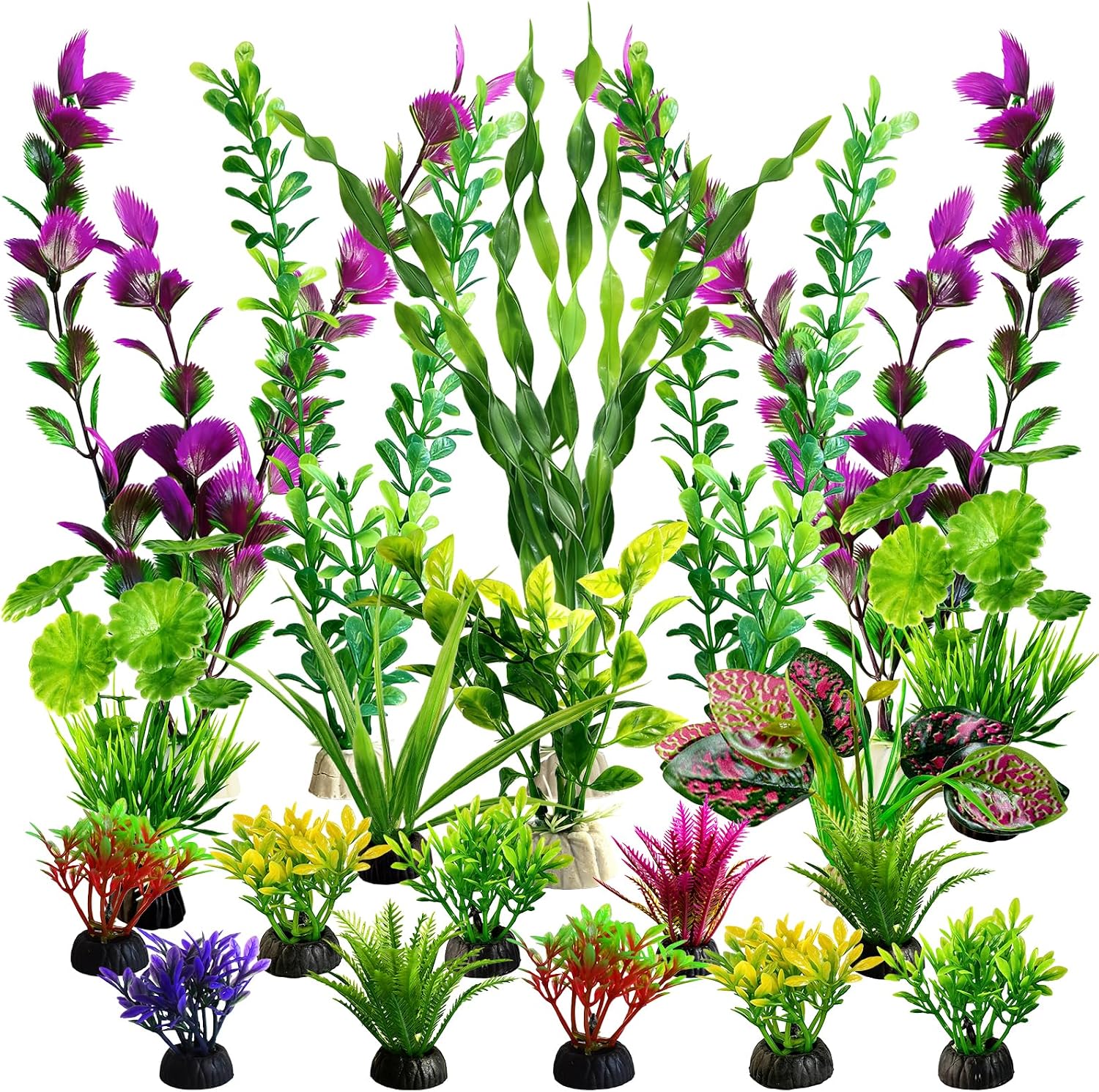 Promising artificial aquarium plants kit front view showcasing 22 colorful fish tank decoration pieces.