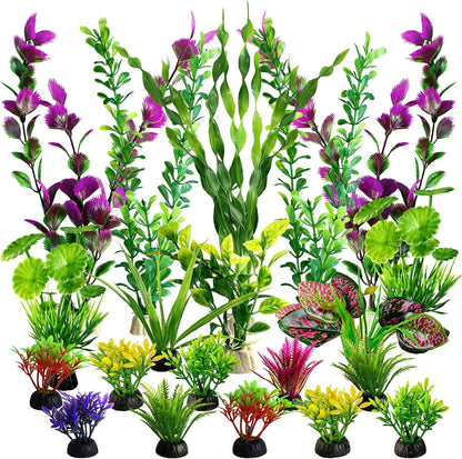 Promising artificial aquarium plants kit front view showcasing 22 colorful fish tank decoration pieces.