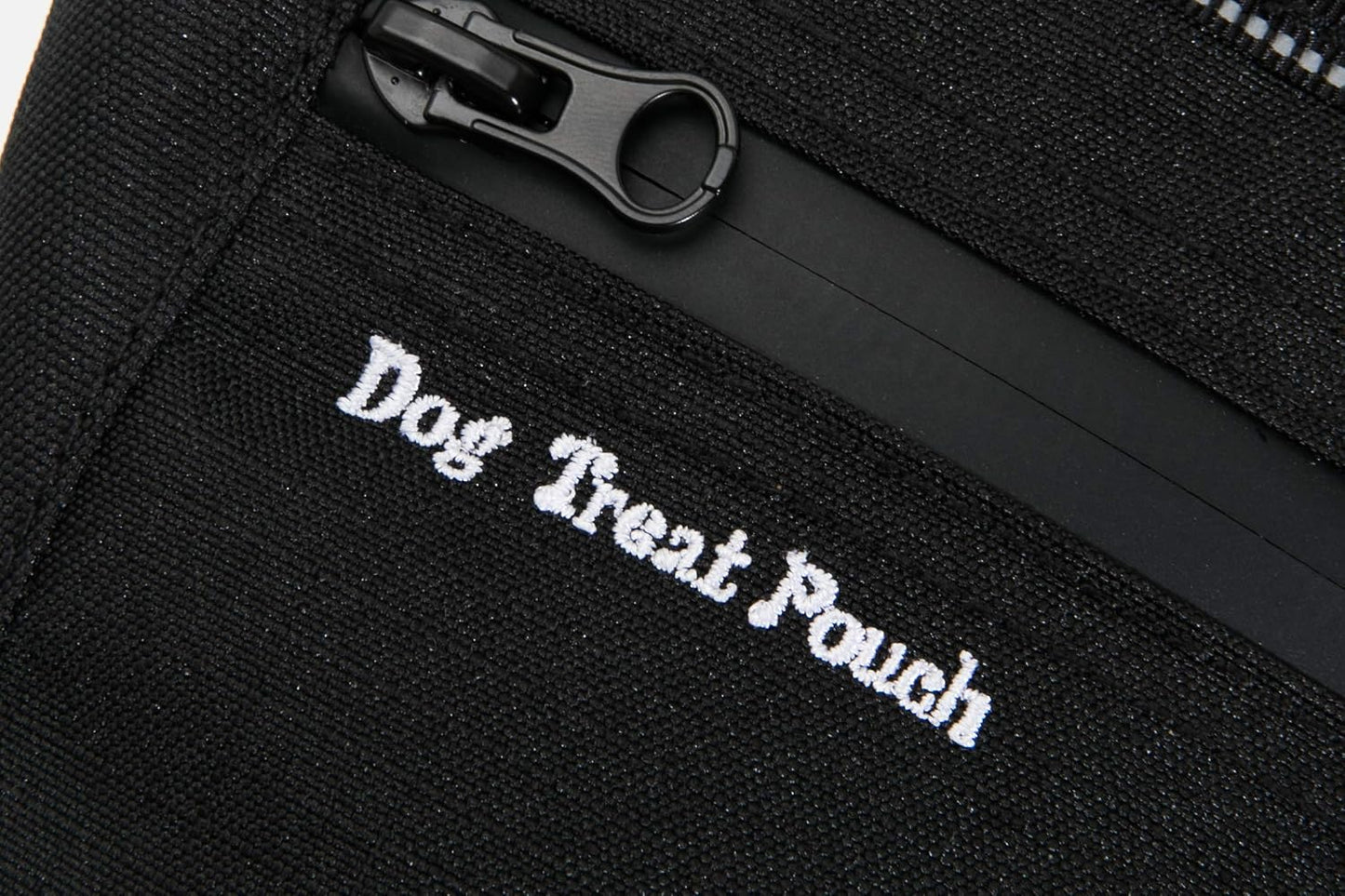 eBasics black dog treat carrier close up on the premium nine hundred denier polyester material