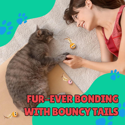 An energetic adult indoor cat stalking the unpredictable movement of the rubber feather ball