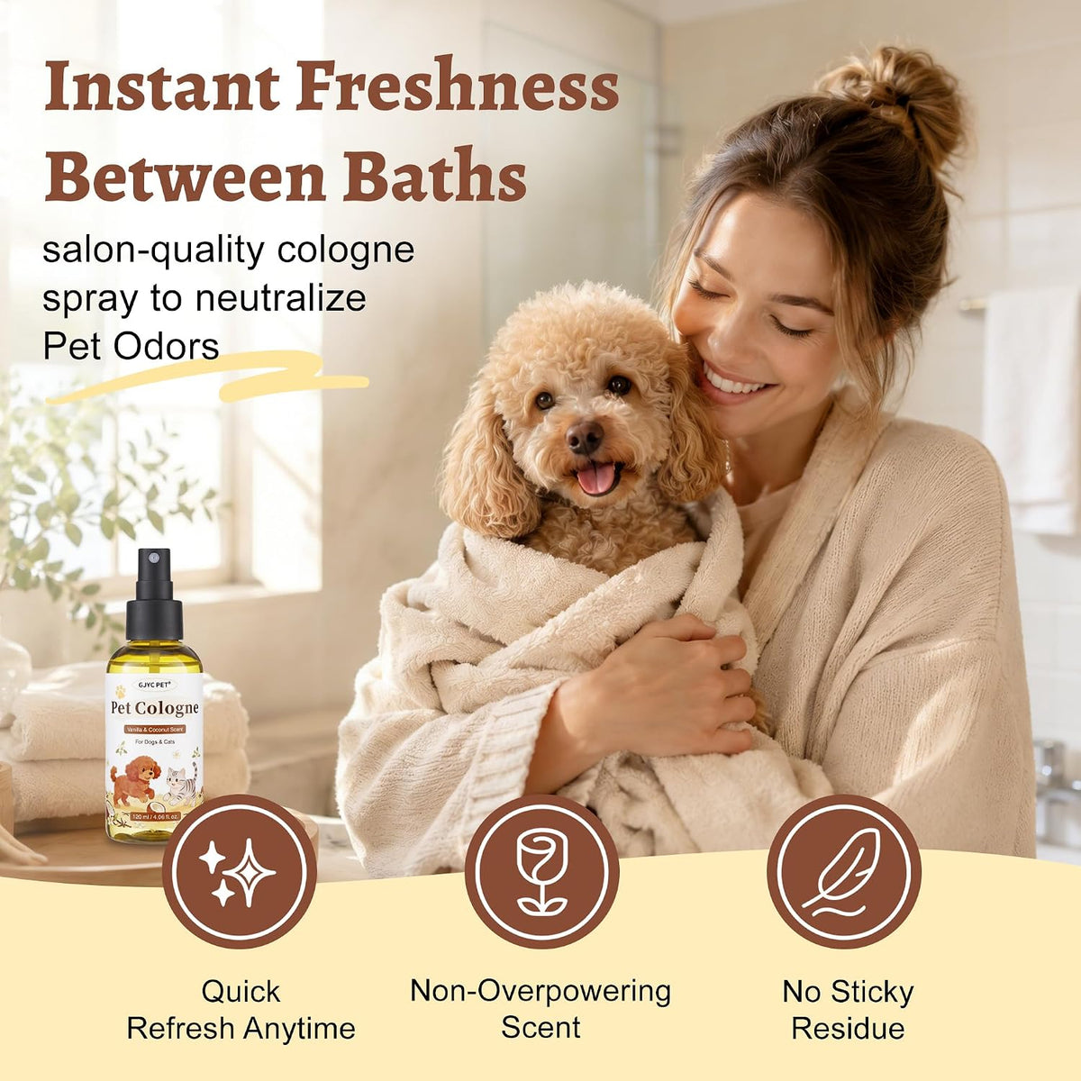 Alcohol free pet perfume spray for long lasting coat freshness.