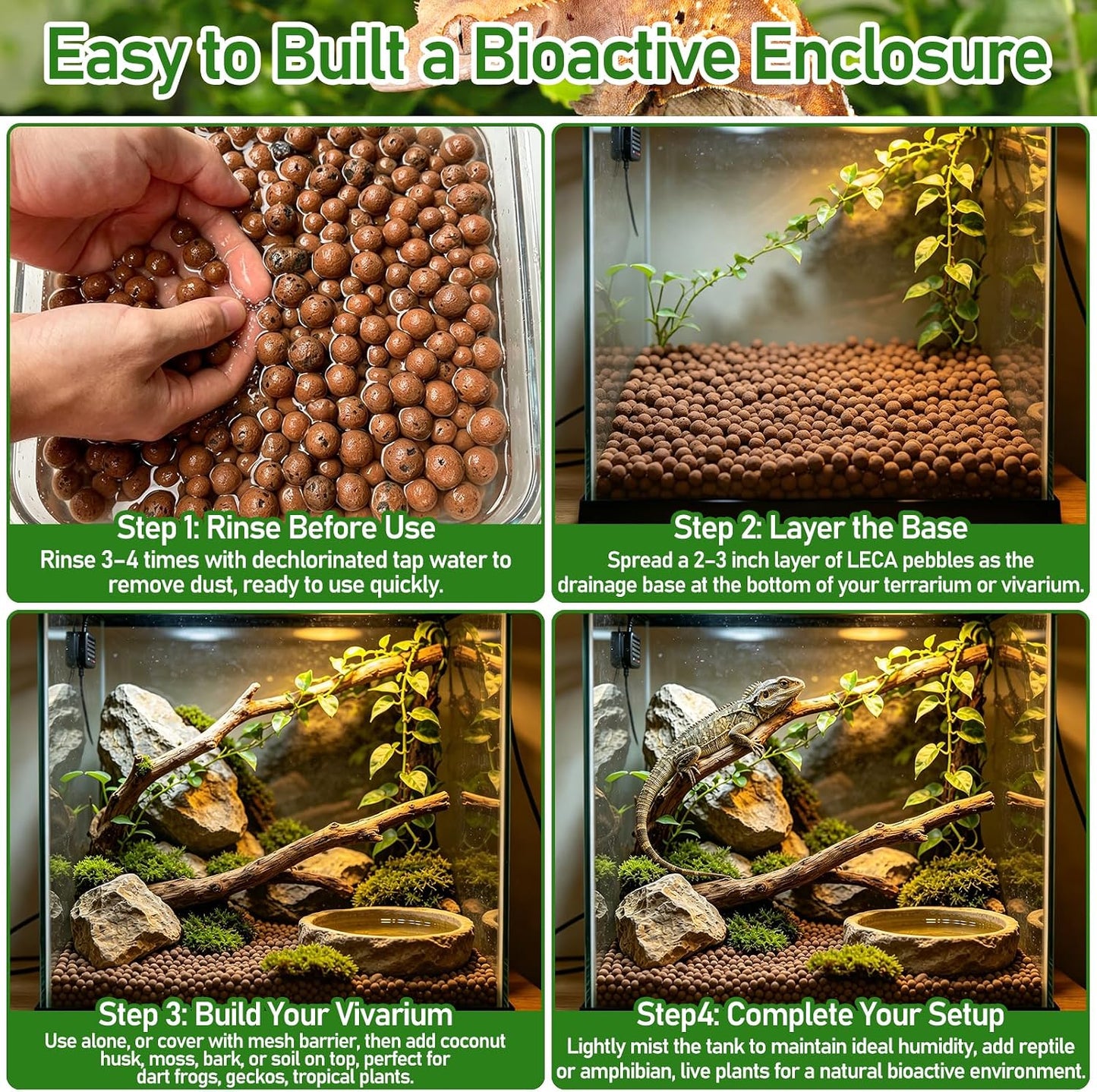 Riare bioactive terrarium substrate being rinsed under running water to demonstrate easy maintenance and reuse.