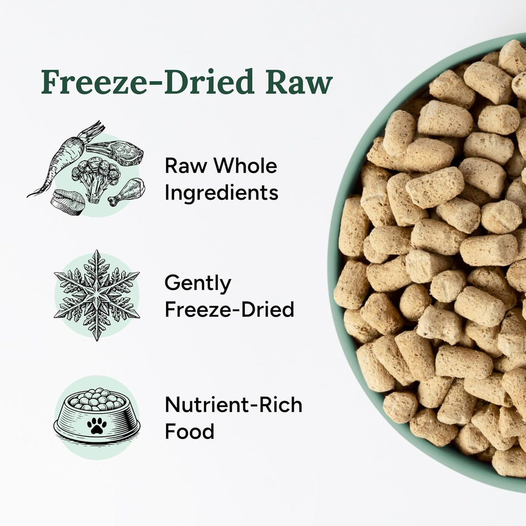 Premium freeze-dried raw dog food pellets with beef chicken and fish on a white background