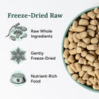Premium freeze-dried raw dog food pellets with beef chicken and fish on a white background