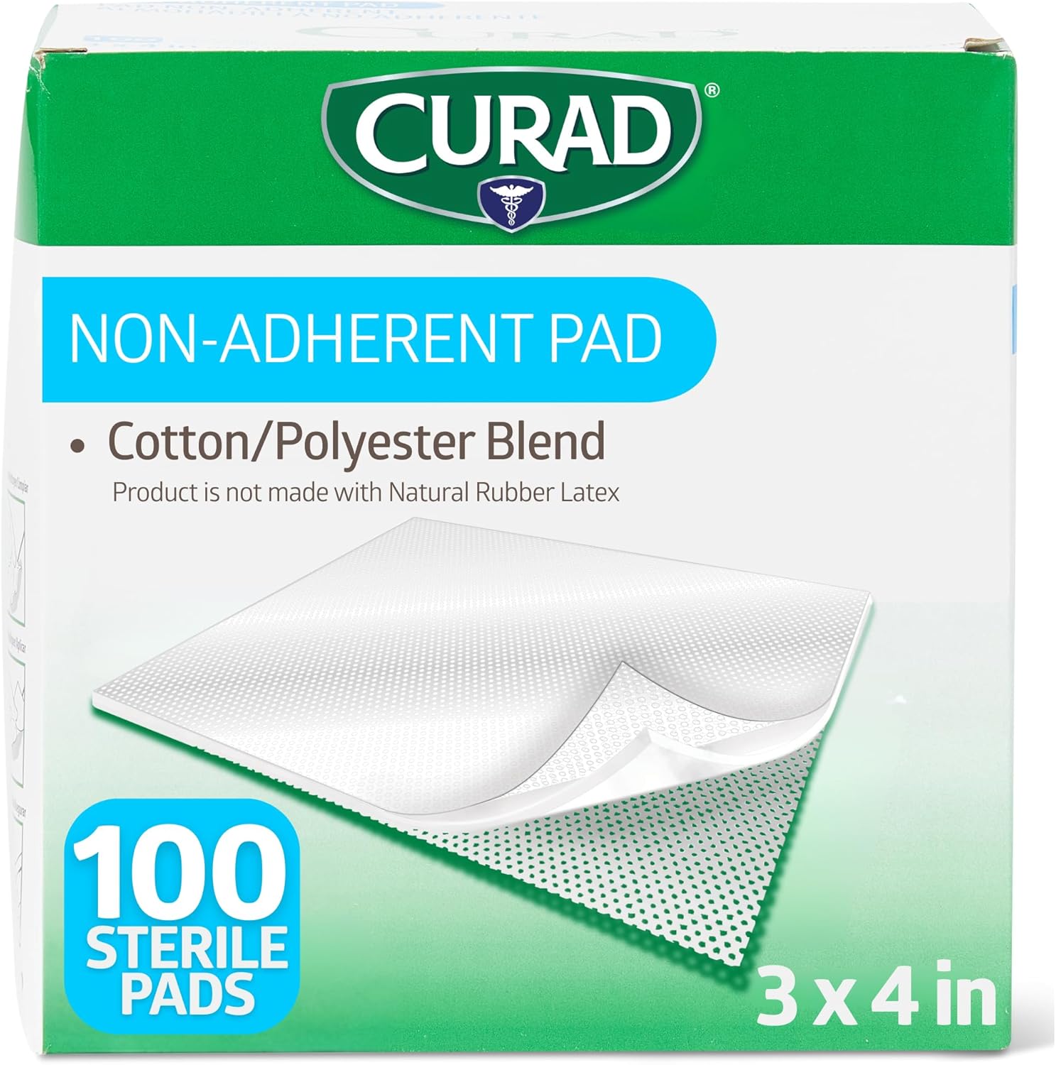 Curad Sterile Non Adherent Pads front packaging view showing one hundred count box for wound care