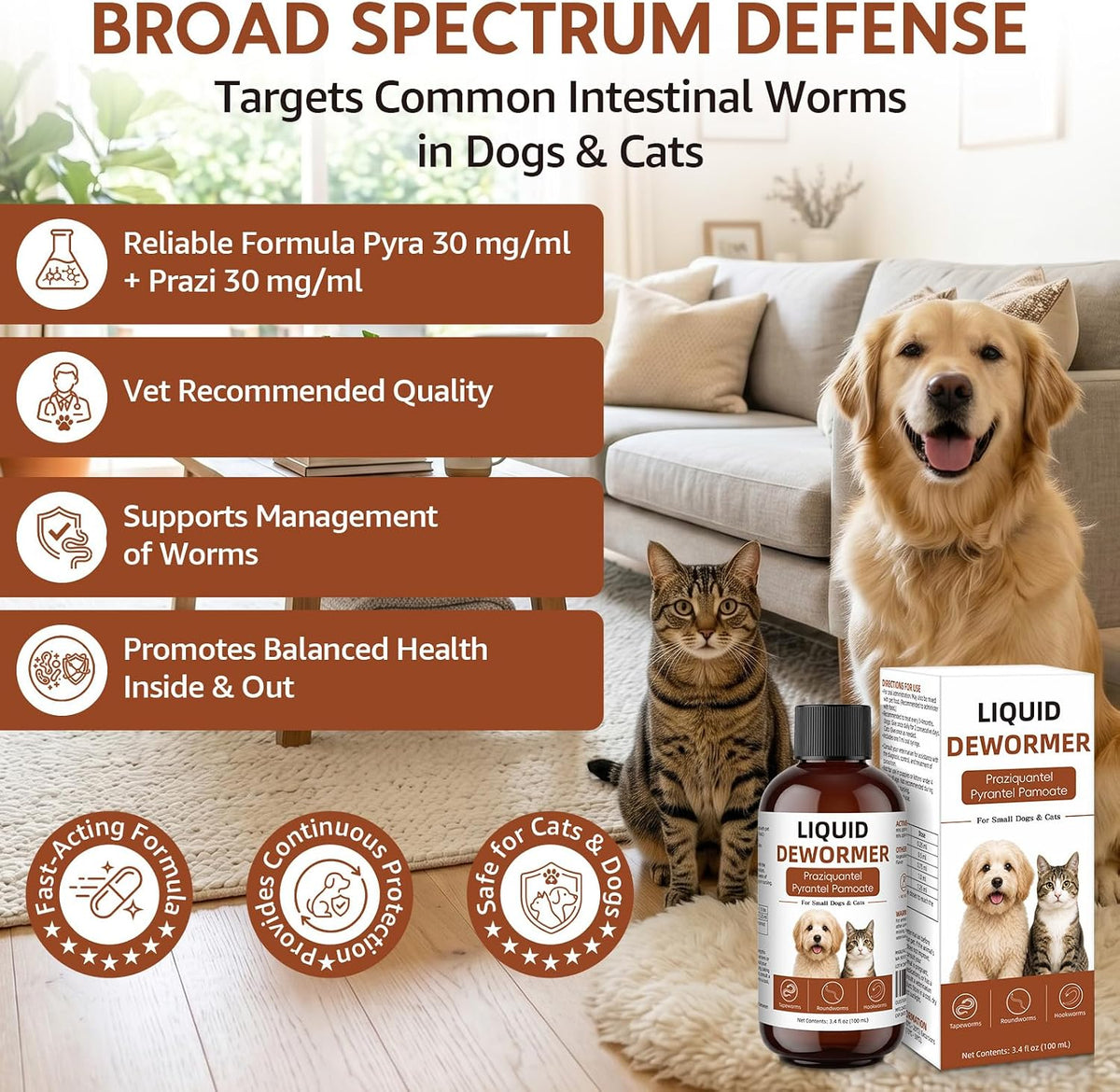 Praziquantel and Pyrantel Pamoate broad spectrum pet dewormer liquid with dosing syringe.
