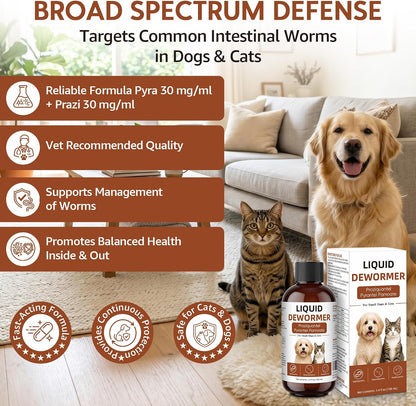 Praziquantel and Pyrantel Pamoate broad spectrum pet dewormer liquid with dosing syringe.