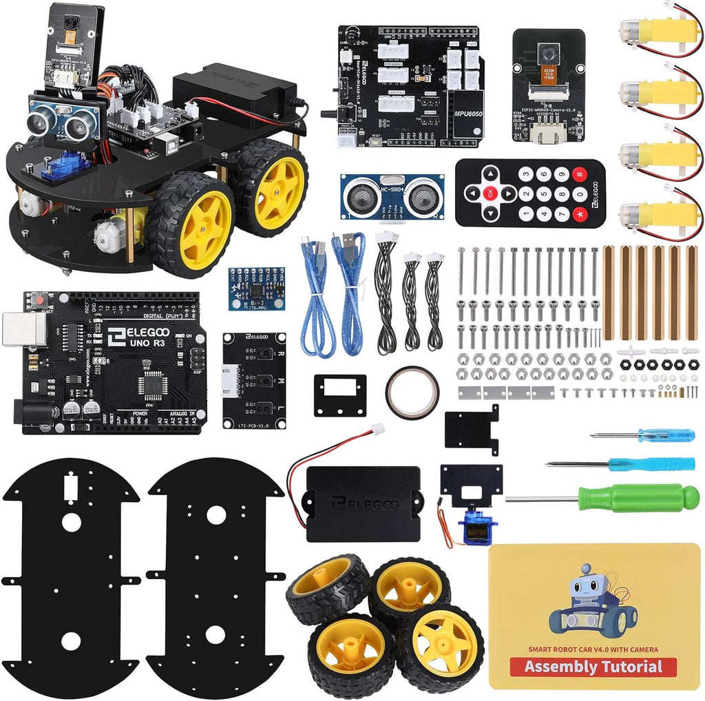 ELEGOO UNO R3 Smart Robot Car Kit V4 front view displaying black chassis and camera module