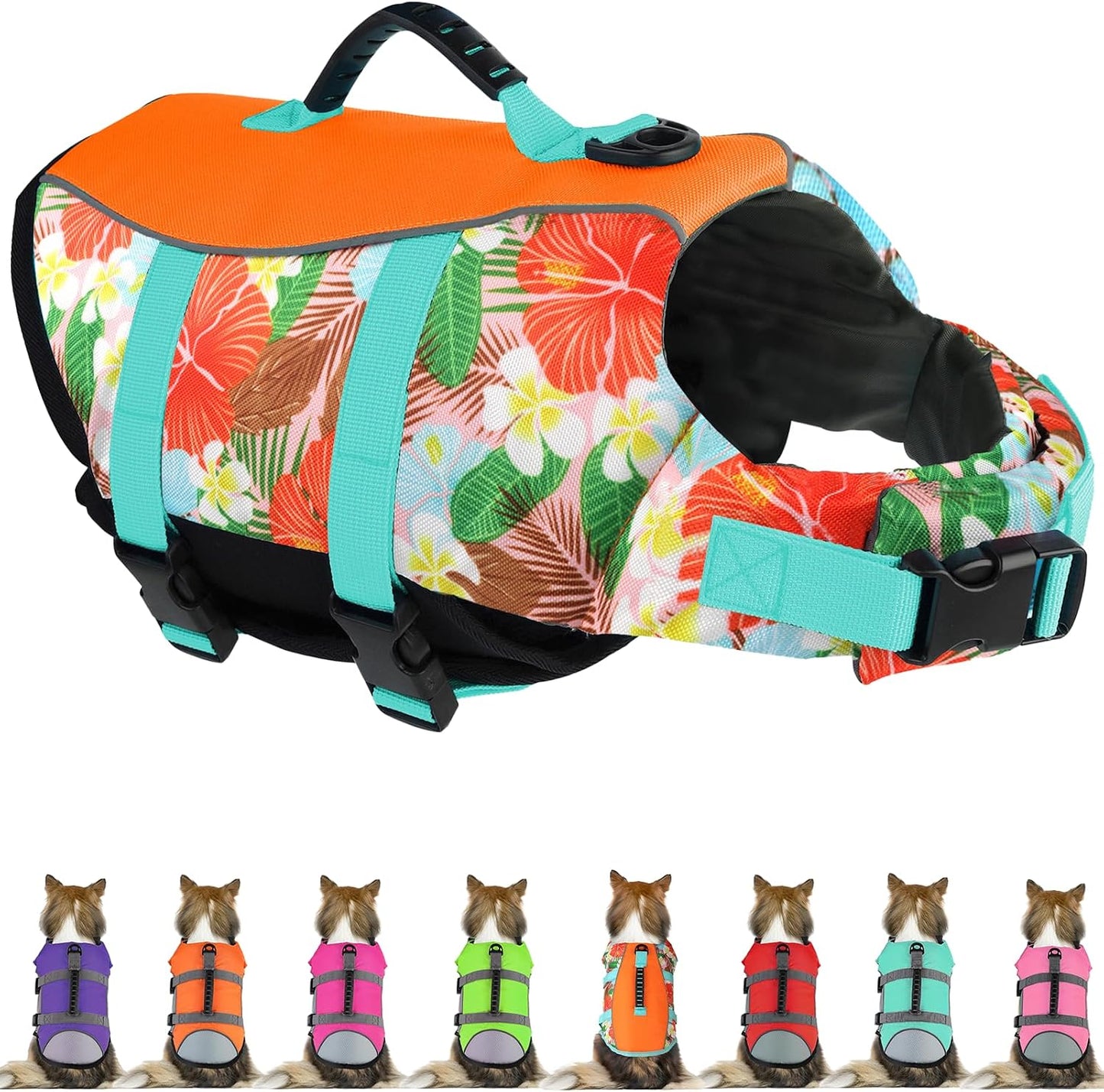 Mklhgty Dog Life Jacket, Reflective & Adjustable, Hawaiian Style, for Small Medium Large Dogs, Polyester & Cotton, Floral Pink, L - Image 12