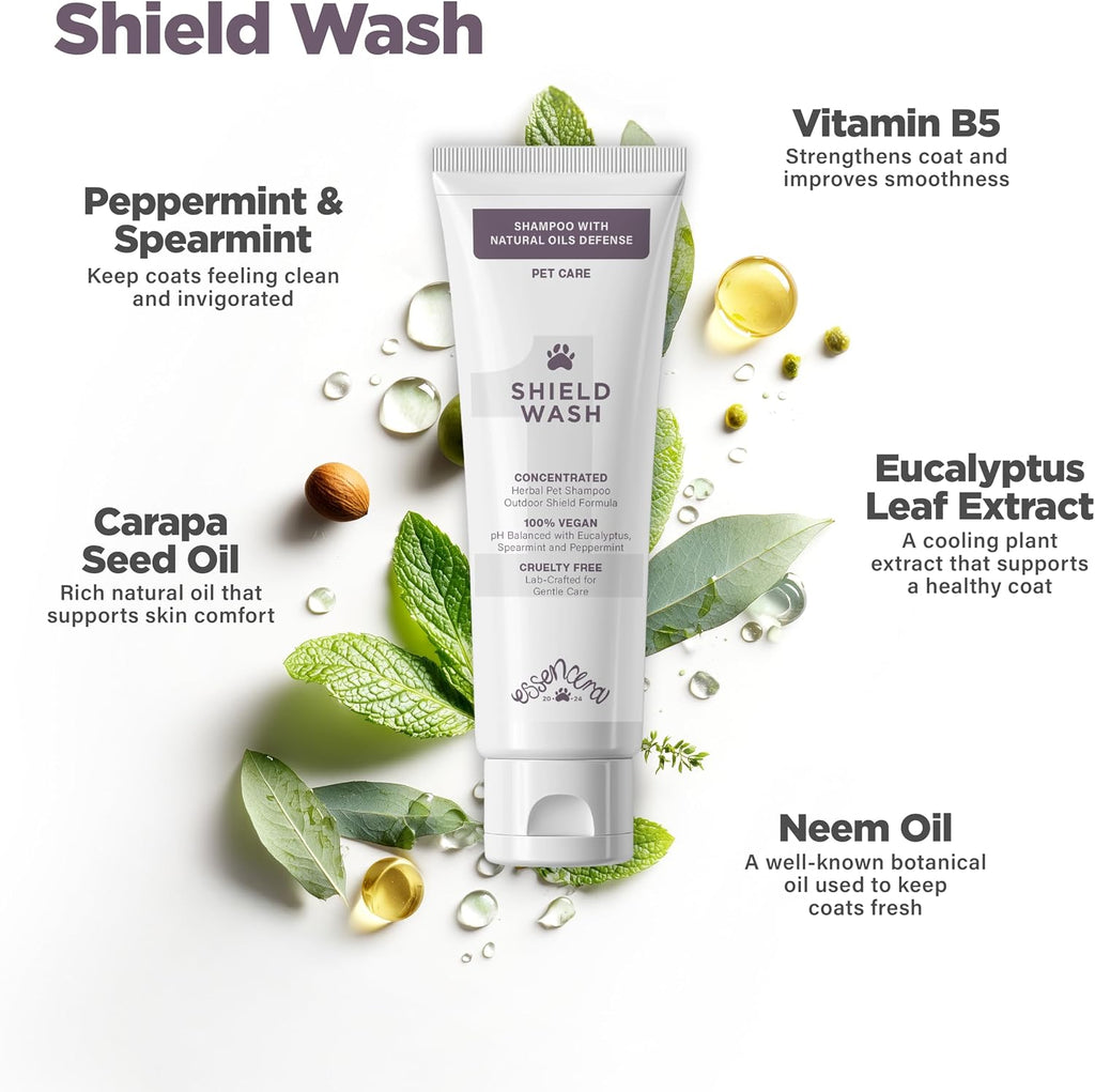 Essencera Shield Wash concentrated herbal formula pet shampoo back label instructions