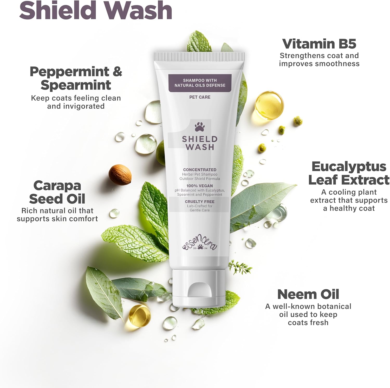 Essencera Shield Wash concentrated herbal formula pet shampoo back label instructions