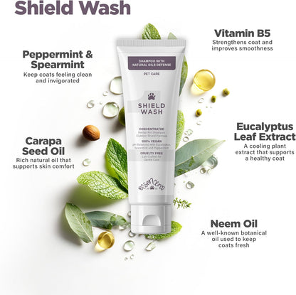 Essencera Shield Wash concentrated herbal formula pet shampoo back label instructions