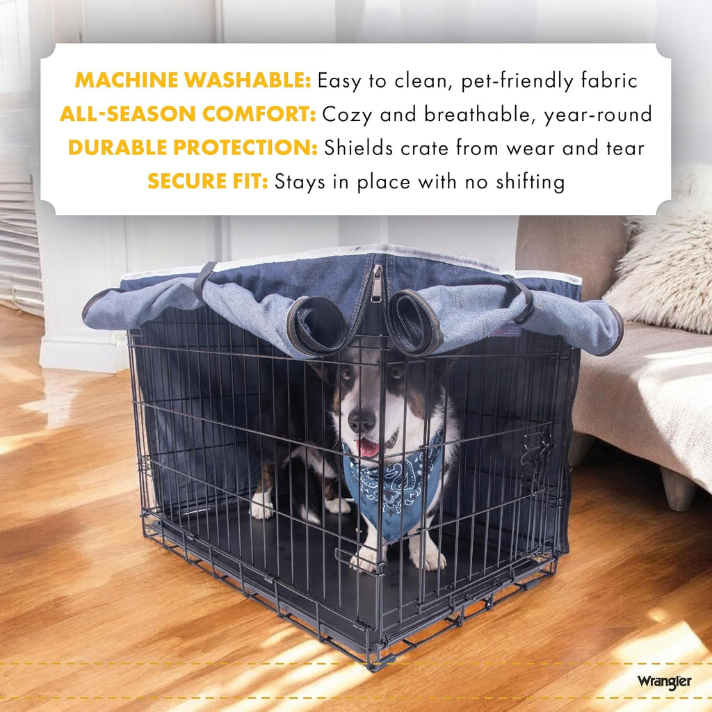 Wrangler denim pet crate cover with panels rolled down for privacy