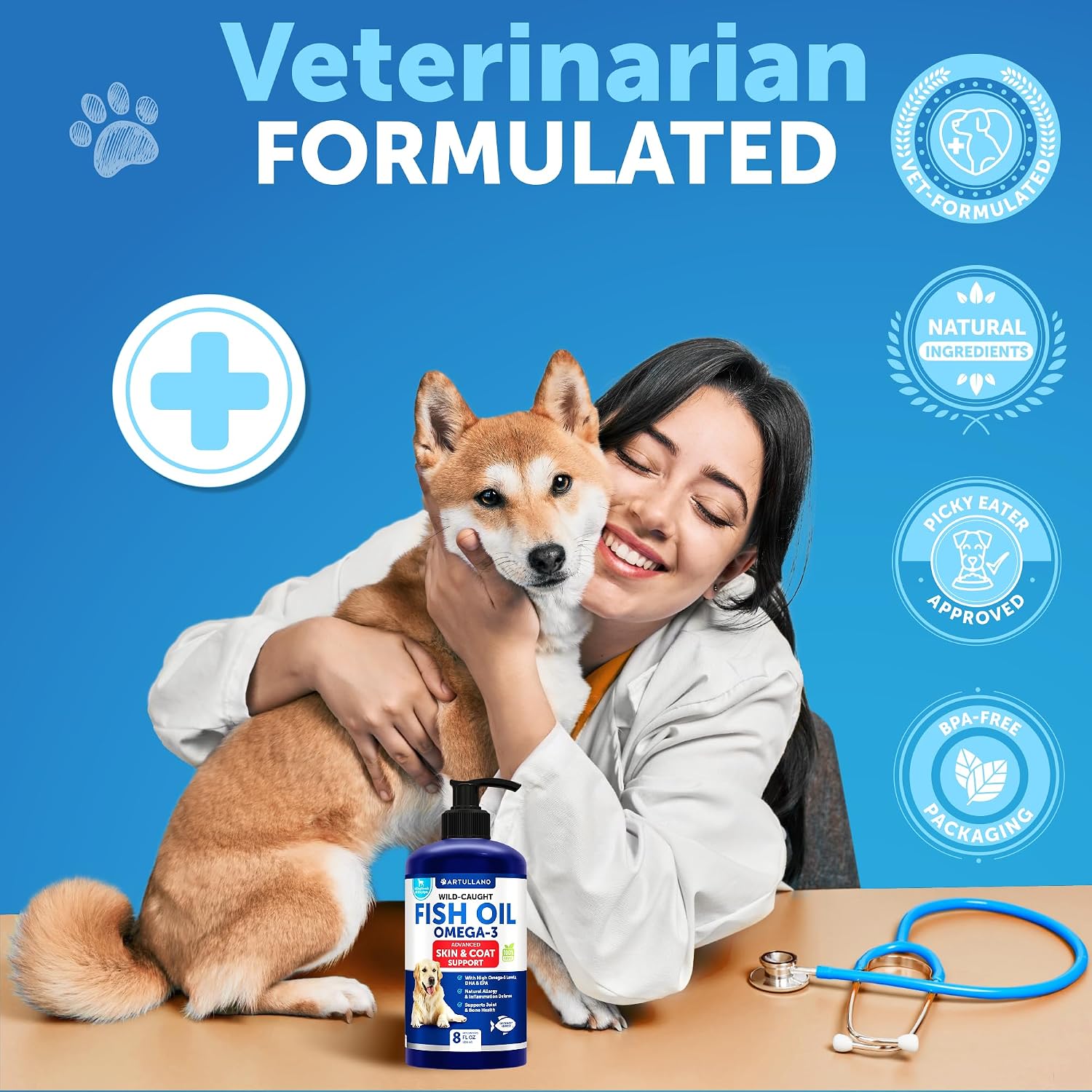 Premium wild caught fish oil for small and large breed dogs allergy care.