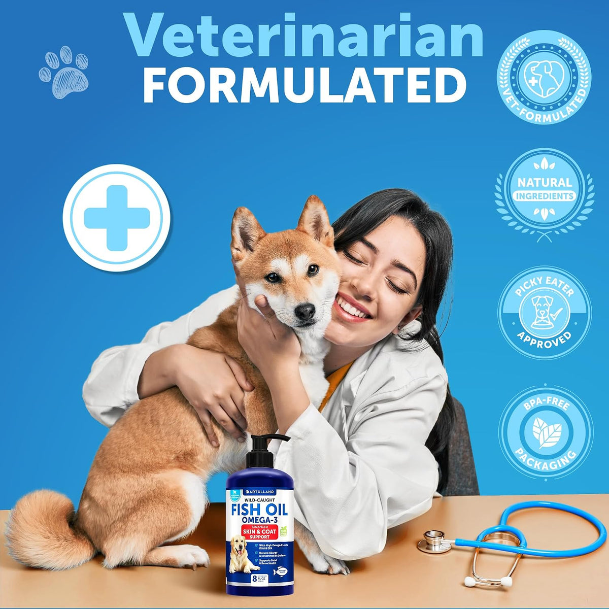 Premium wild caught fish oil for small and large breed dogs allergy care.