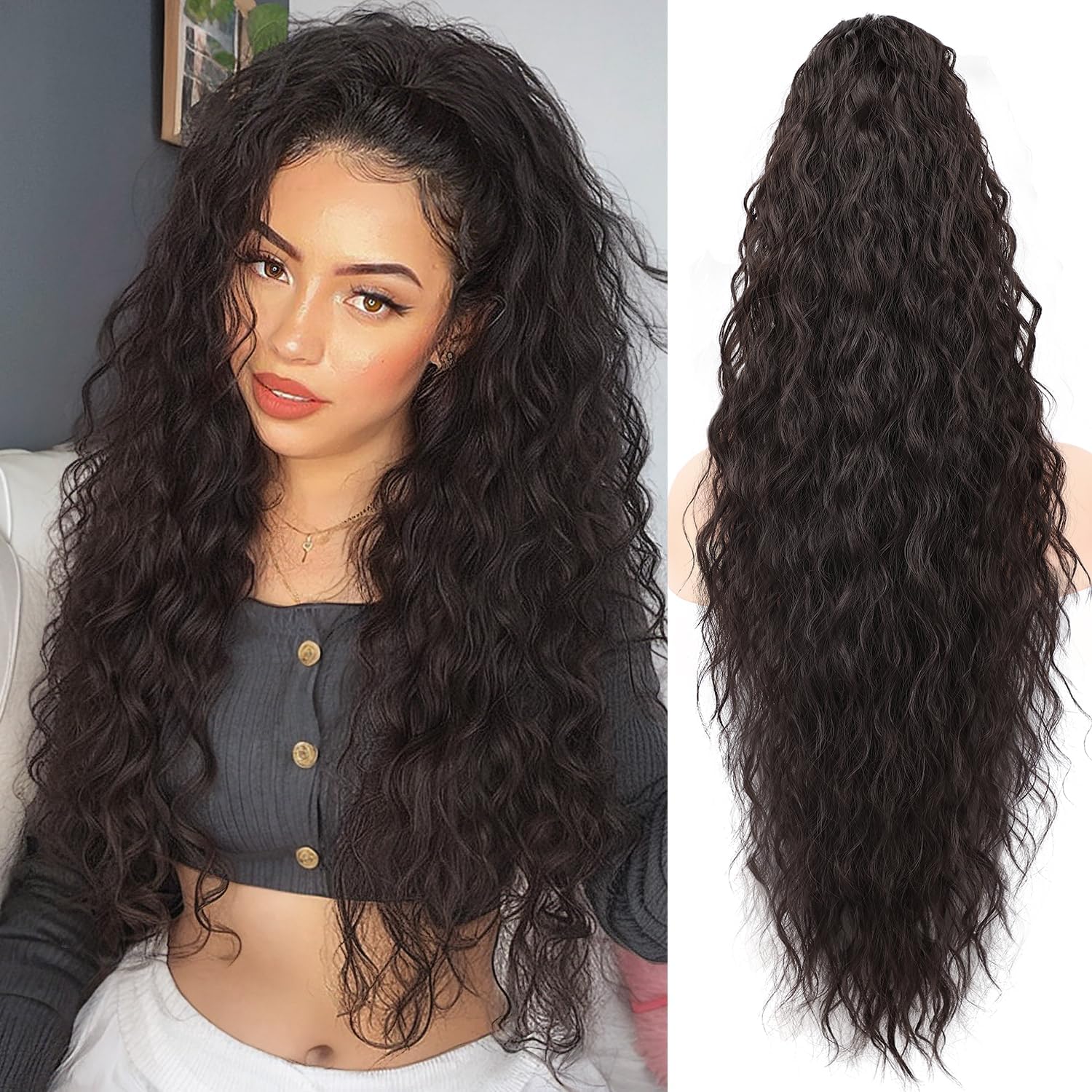 ORSUNCER 30 inch claw wavy ponytail extension front view displaying voluminous black brown kinky curls