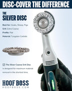 Hoof Boss coarse silver and medium blue grinding discs for goat hoof shaping.