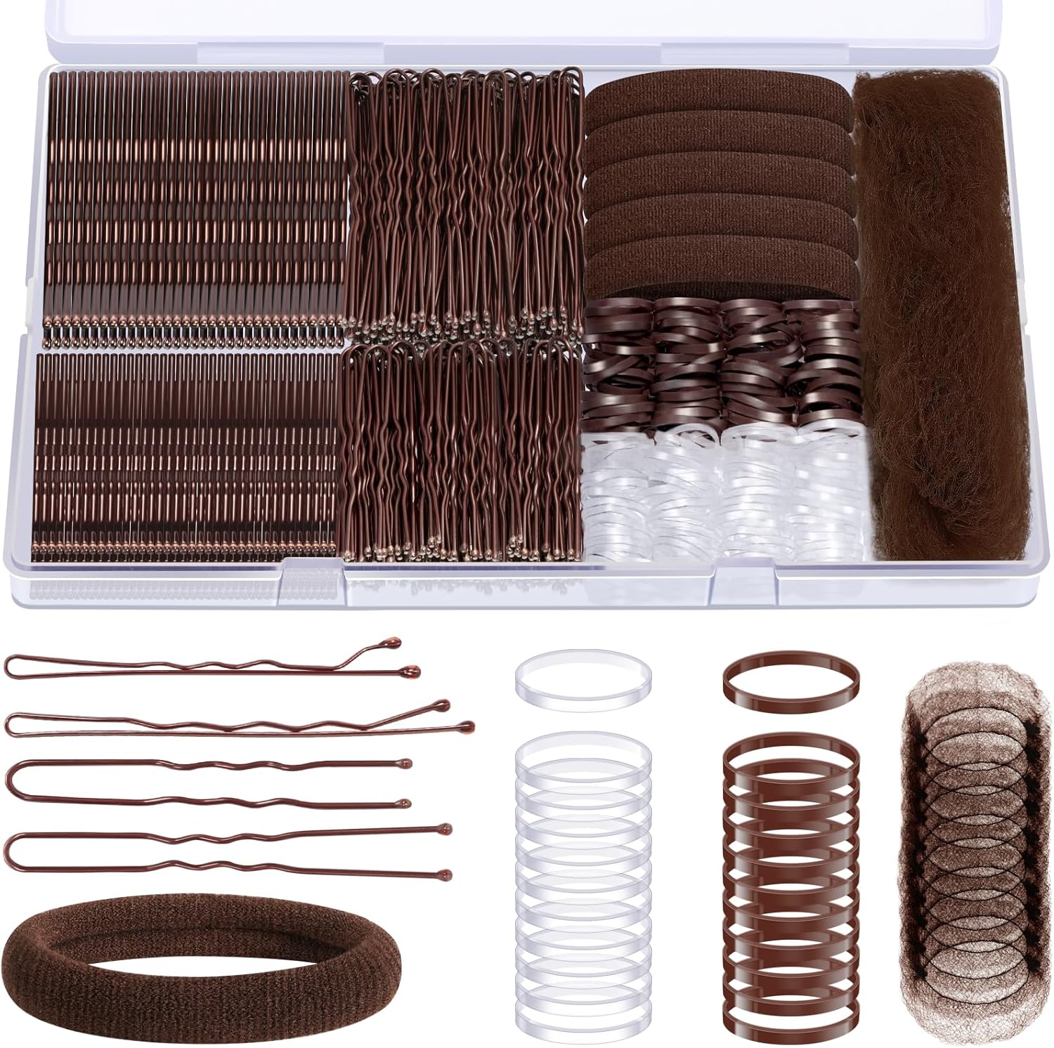 MAYCREATE IKOCO 415 piece hair pins set front view inside a clear plastic storage box showcasing organized brown bobby pins.