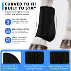 Close up of secure hook and loop closure on horse leg protectors