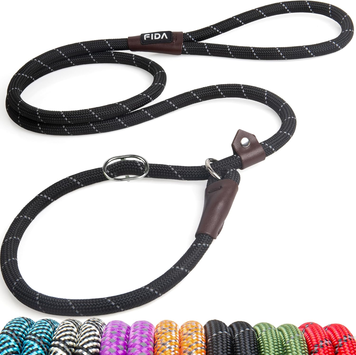 Fida durable slip lead dog leash front view showing the heavy duty black nylon rope.