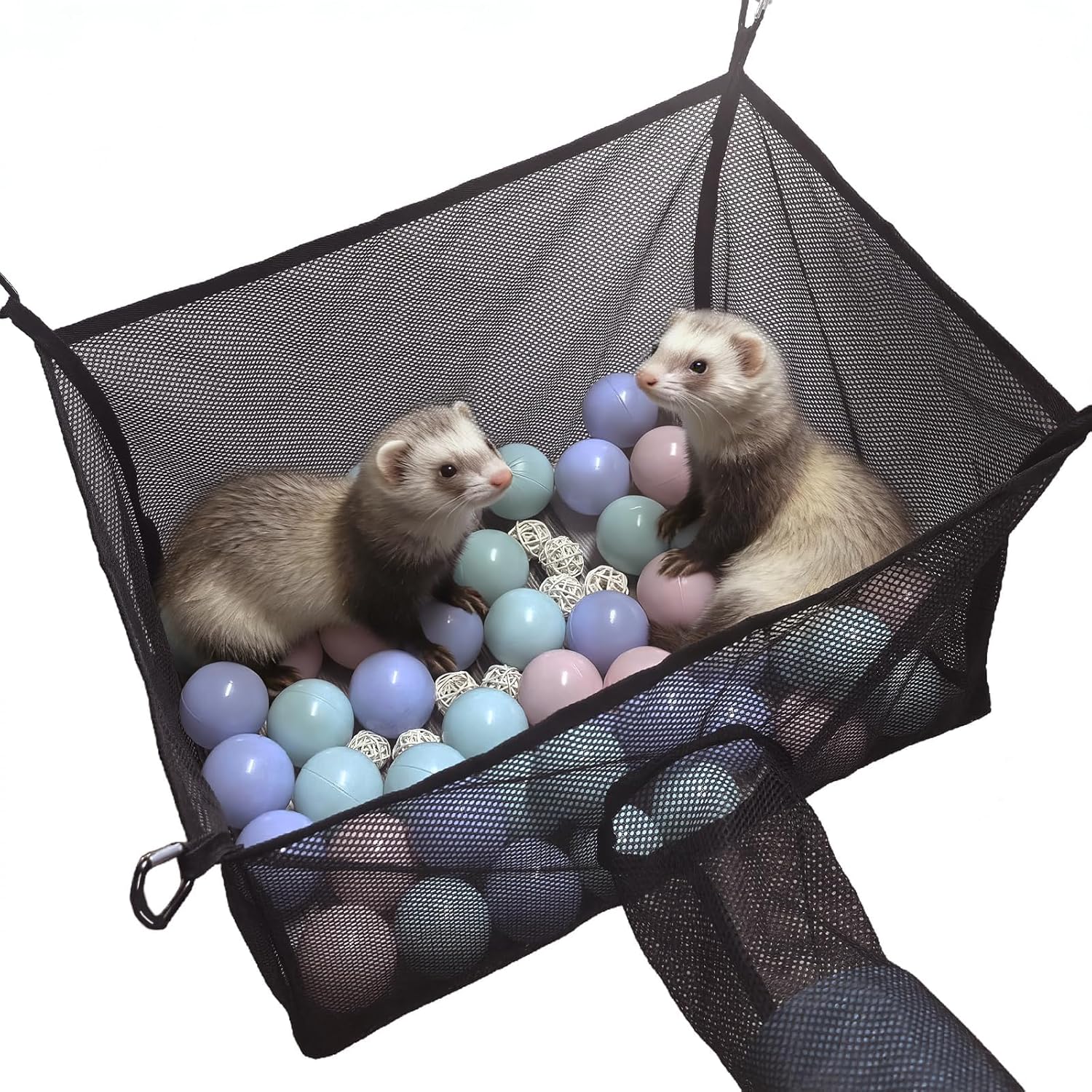 Kathson ferret hammock front view hanging inside a wire pet cage setup.