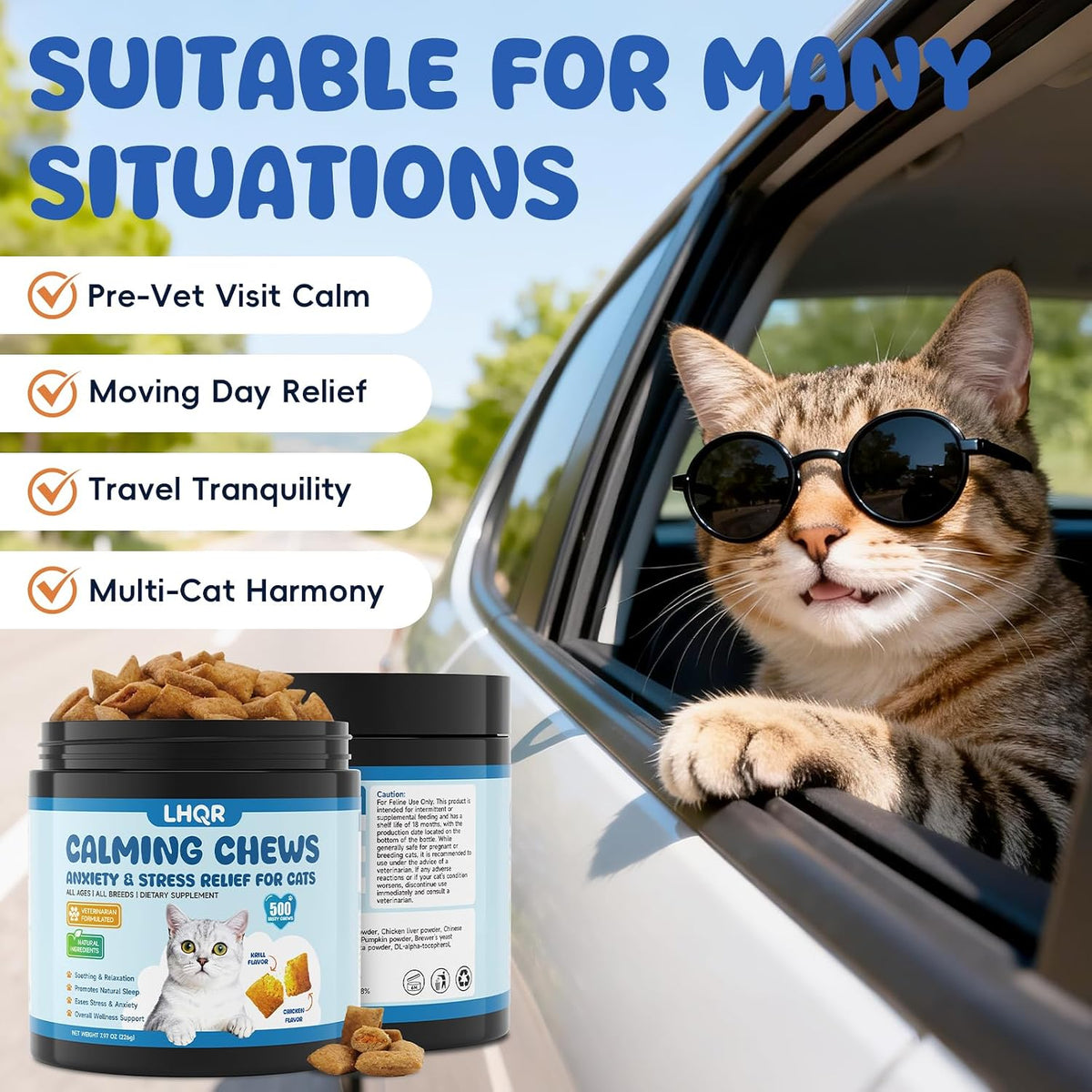 LHQR cat relaxing supplements freeze dried chicken flavor tablets for travel stress