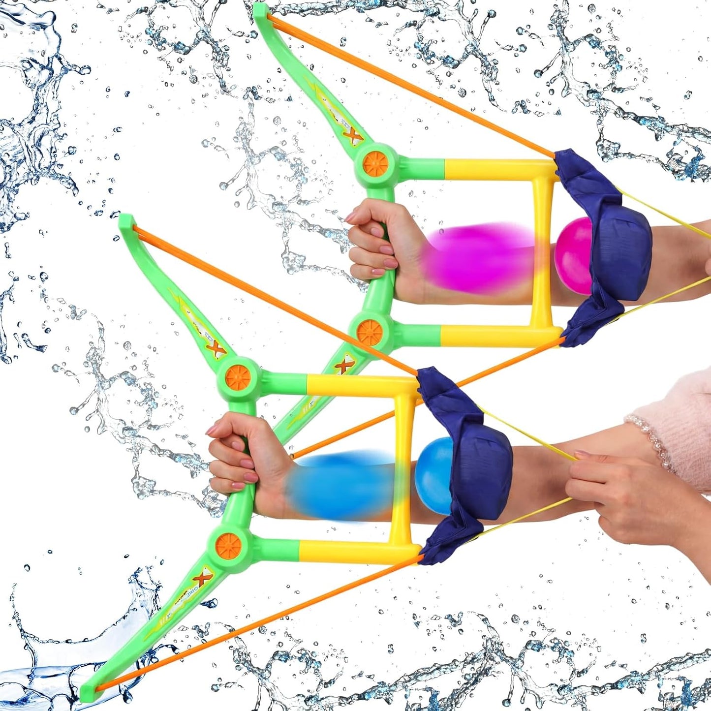 Soulchen 2 Pack Water Balloon Launcher front view showcasing the green and yellow curved bow design.