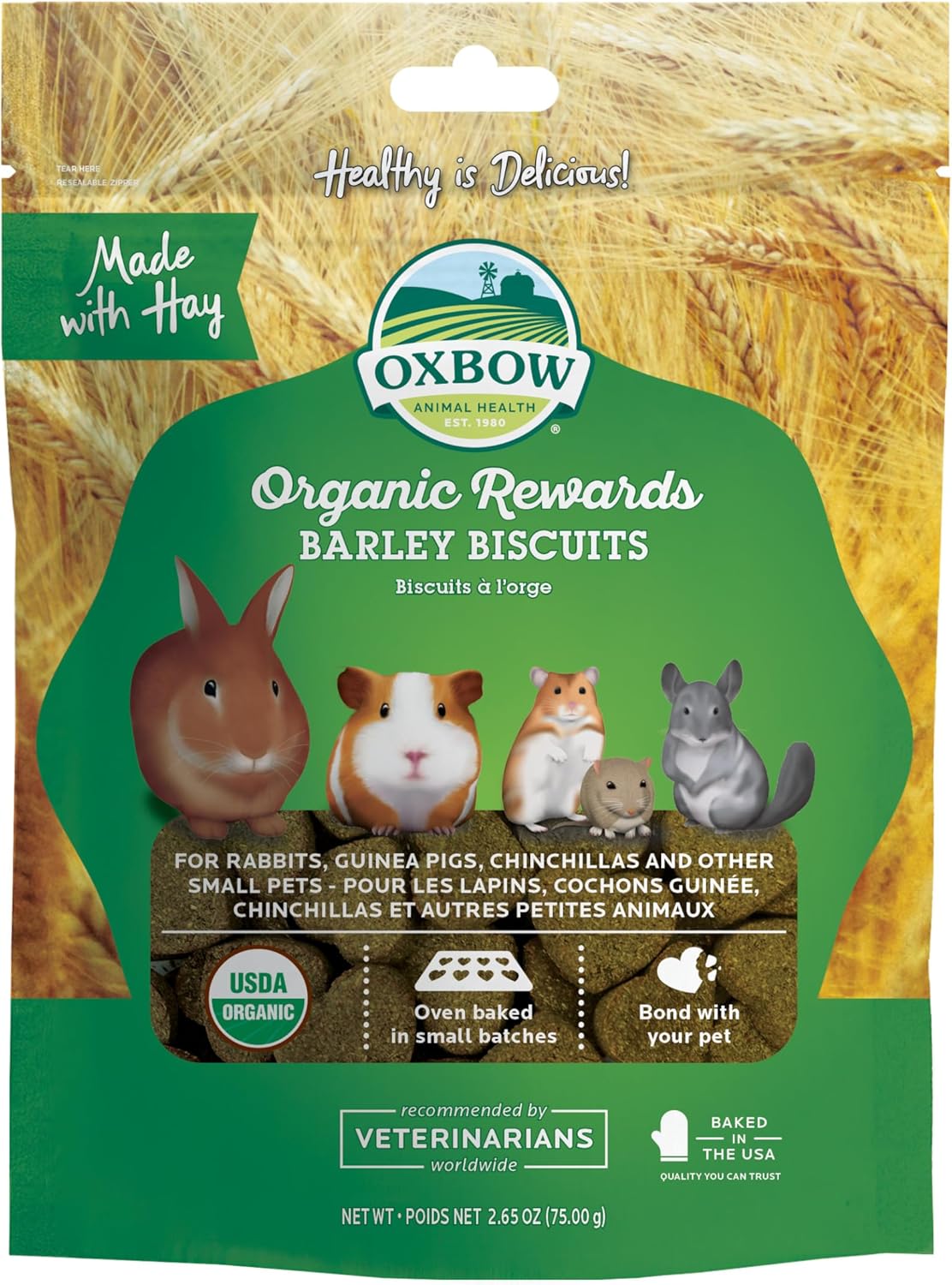 Oxbow Organic Barley Biscuits packaging front view showing ingredients like apple and carrot