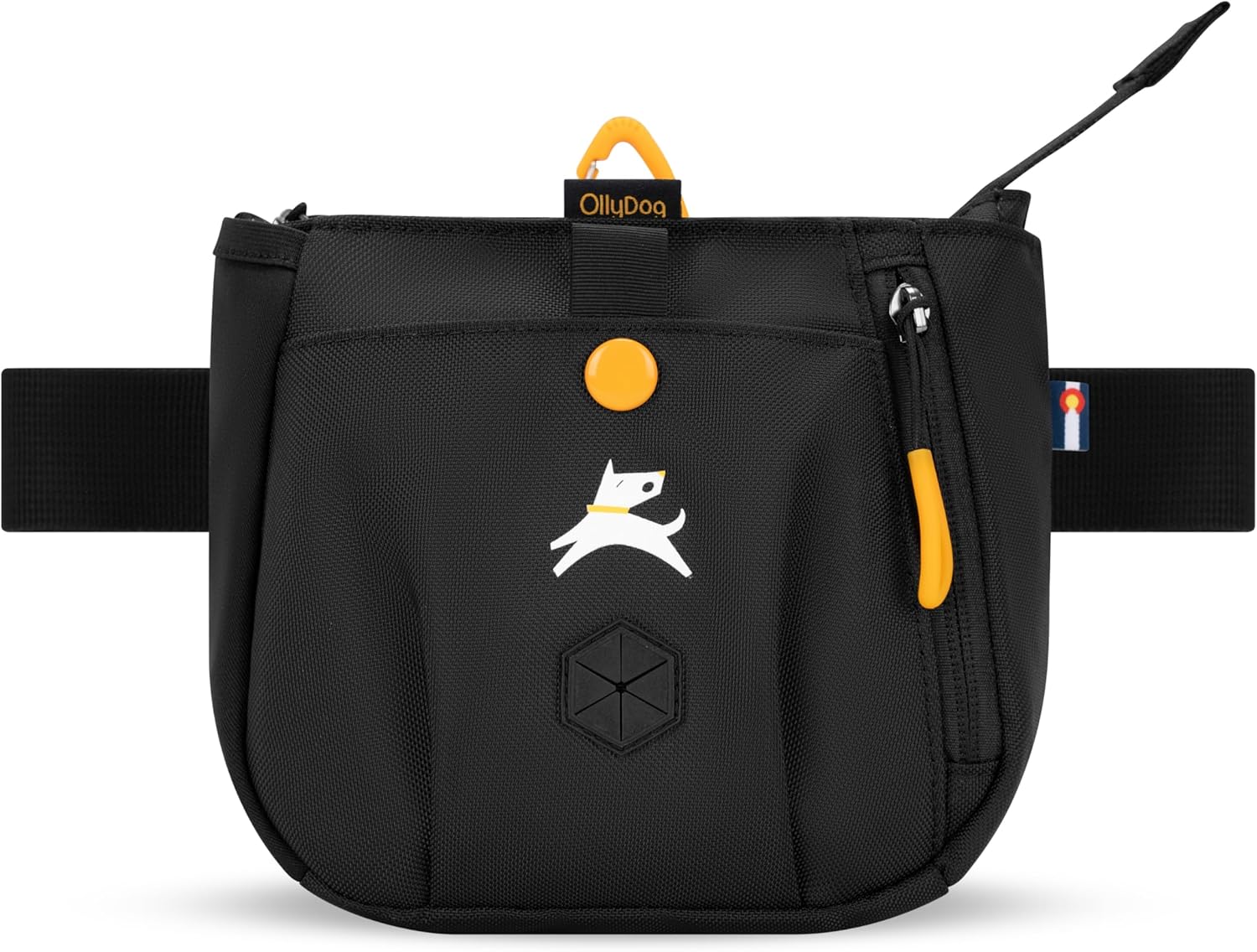 Close up view of the built in poop bag dispenser slot on the OllyDog hip pack