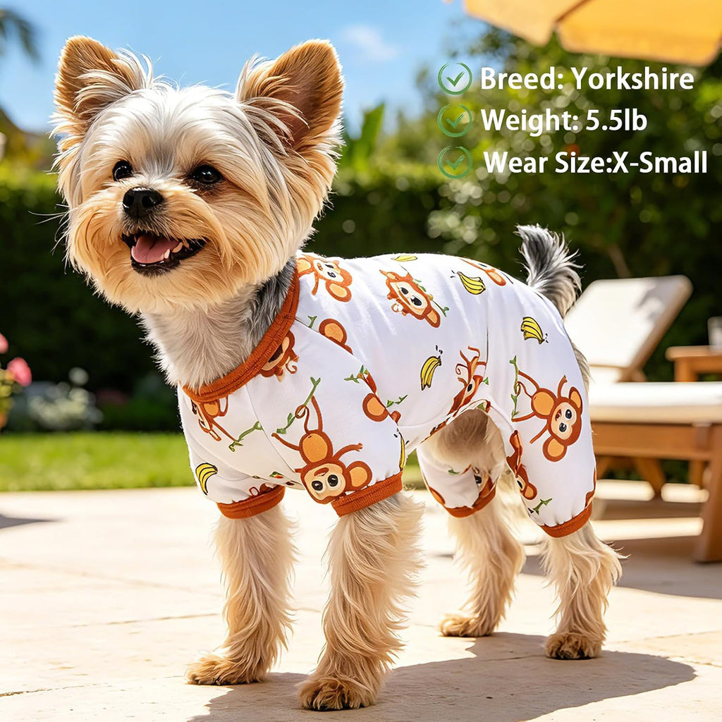 Side profile of a small pet wearing stretchy lightweight summer puppy clothes.