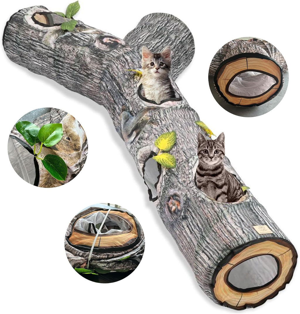 GRETMIX tree trunk three way cat tunnel front view interactive pet play maze toy