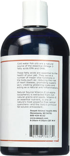 Side view of Sea Pet Omega Plus packaging showing detailed feeding instructions, loading doses, and maintenance guide for dogs and cats.
