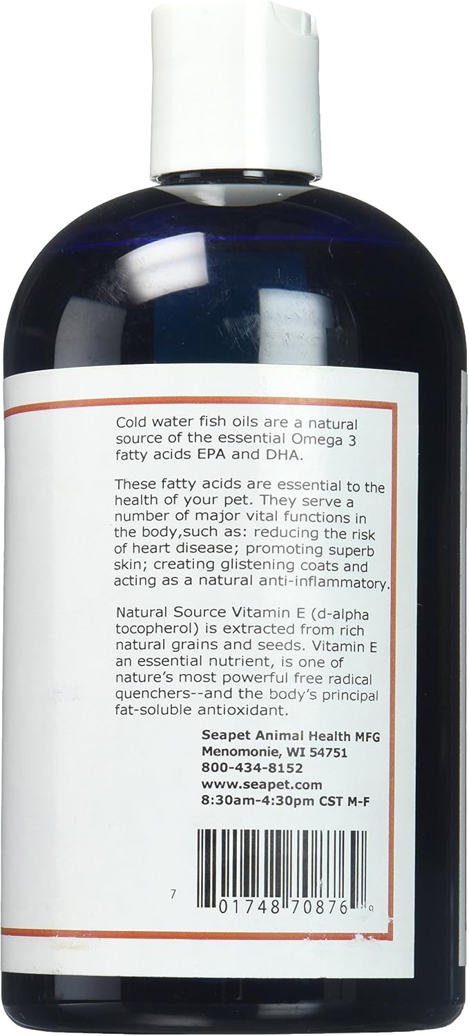 Side view of Sea Pet Omega Plus packaging showing detailed feeding instructions, loading doses, and maintenance guide for dogs and cats.